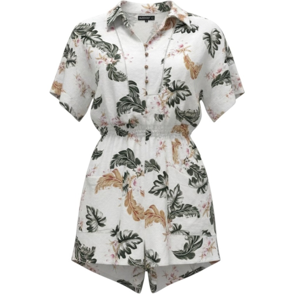 Blank NYC Women XL Tropical Floral Linen Blend Romper White‎ Green 08BJ3111NOK